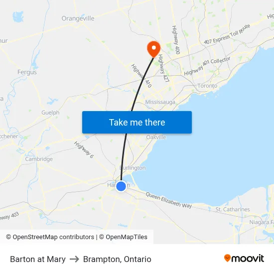 Barton at Mary to Brampton, Ontario map