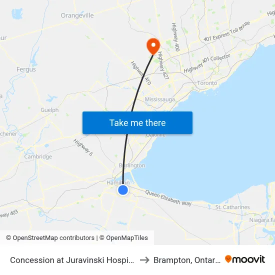 Concession at Juravinski Hospital to Brampton, Ontario map