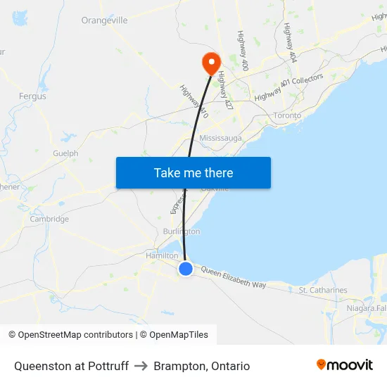 Queenston at Pottruff to Brampton, Ontario map