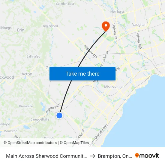 Main Across Sherwood Community Centre to Brampton, Ontario map