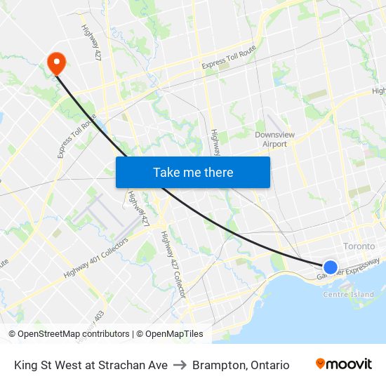 King St West at Strachan Ave to Brampton, Ontario map