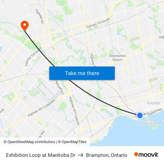 Exhibition Loop at Manitoba Dr to Brampton, Ontario map