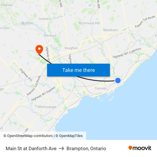 Main St at Danforth Ave to Brampton, Ontario map