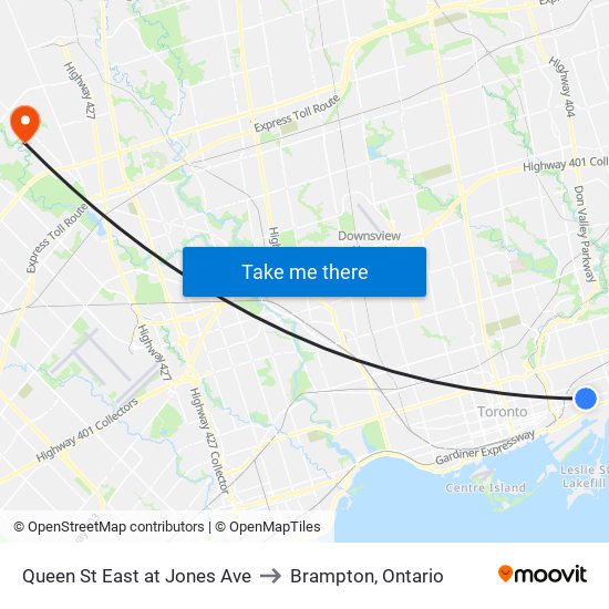 Queen St East at Jones Ave to Brampton, Ontario map