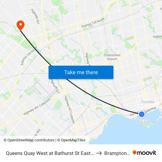 Queens Quay West at Bathurst St East Side Billy Bishop Airport to Brampton, Ontario map
