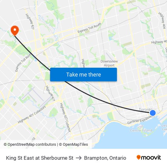 King St East at Sherbourne St to Brampton, Ontario map