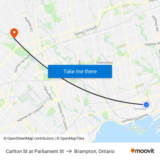 Carlton St at Parliament St to Brampton, Ontario map