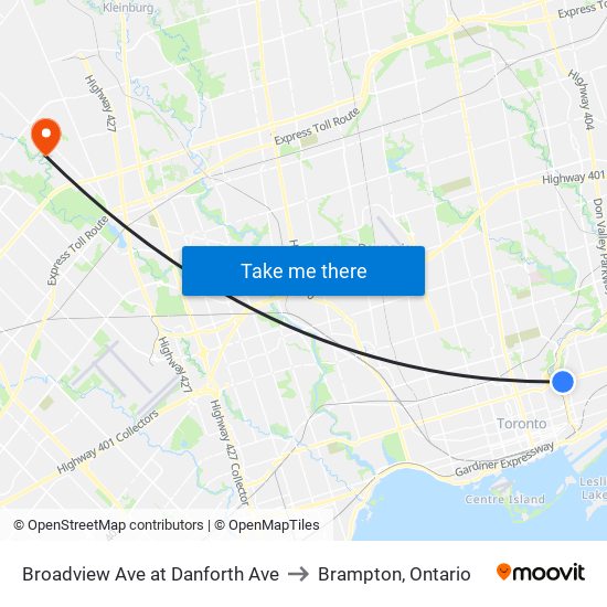 Broadview Ave at Danforth Ave to Brampton, Ontario map