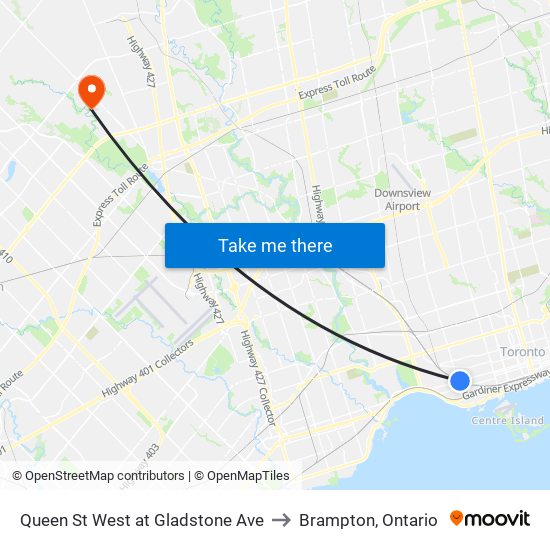 Queen St West at Gladstone Ave to Brampton, Ontario map