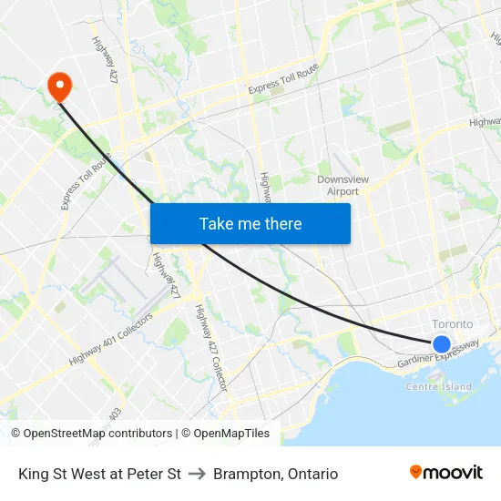 King St West at Peter St to Brampton, Ontario map