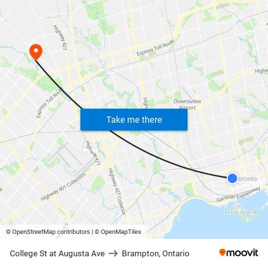 College St at Augusta Ave to Brampton, Ontario map