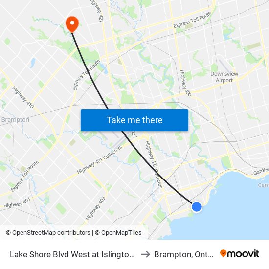 Lake Shore Blvd West at Islington Ave to Brampton, Ontario map