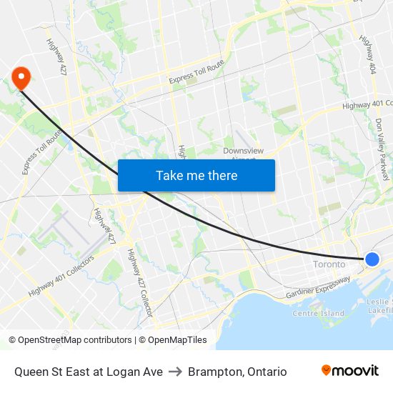 Queen St East at Logan Ave to Brampton, Ontario map