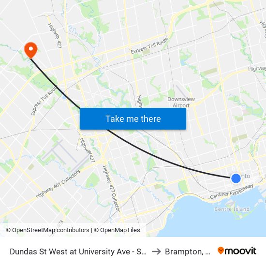 Dundas St West at University Ave - St Patrick Station to Brampton, Ontario map