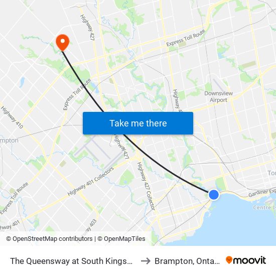 The Queensway at South Kingsway to Brampton, Ontario map