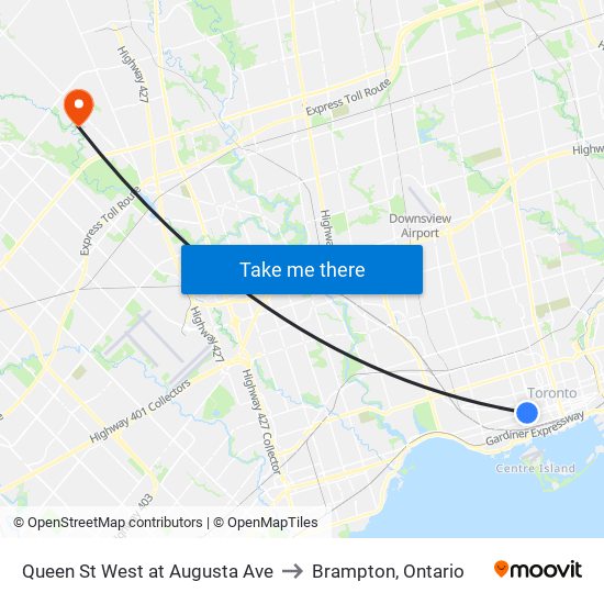 Queen St West at Augusta Ave to Brampton, Ontario map