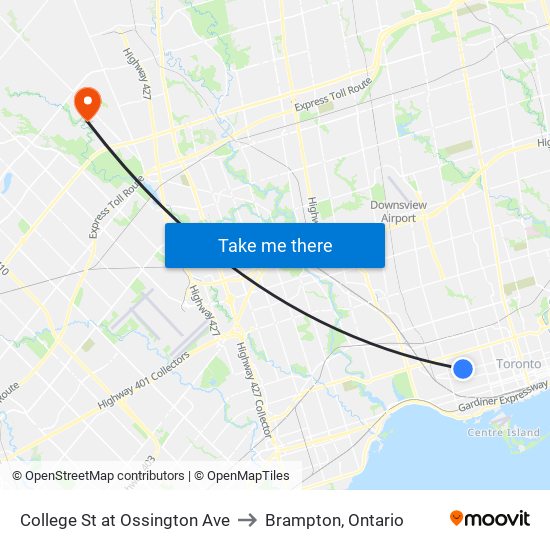 College St at Ossington Ave to Brampton, Ontario map