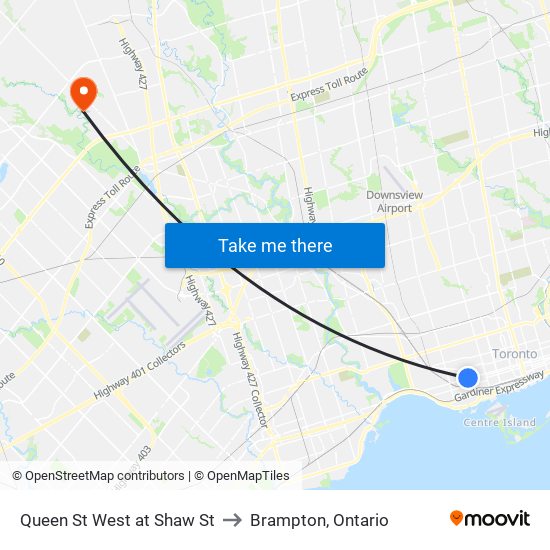 Queen St West at Shaw St to Brampton, Ontario map