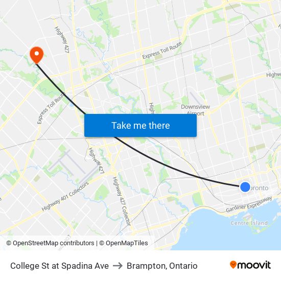 College St at Spadina Ave to Brampton, Ontario map