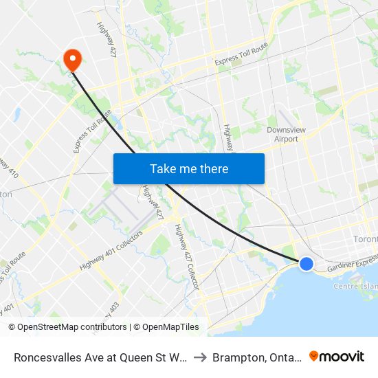 Roncesvalles Ave at Queen St West to Brampton, Ontario map