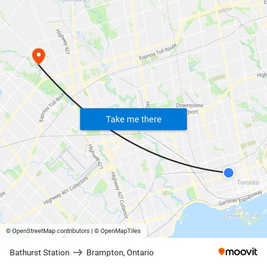 Bathurst Station to Brampton, Ontario map