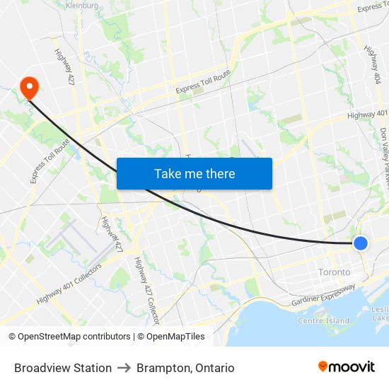 Broadview Station to Brampton, Ontario map