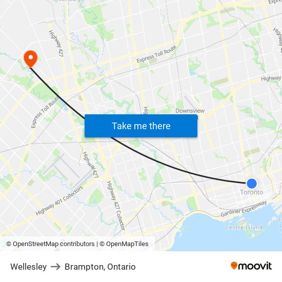 Wellesley to Brampton, Ontario map