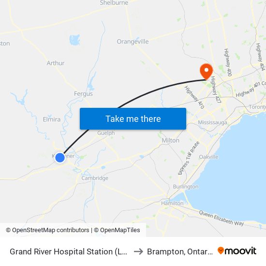 Grand River Hospital Station (Lrt) to Brampton, Ontario map