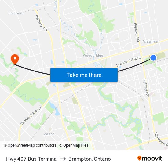 Hwy 407 Bus Terminal to Brampton, Ontario map