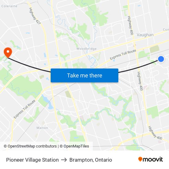 Pioneer Village Station to Brampton, Ontario map