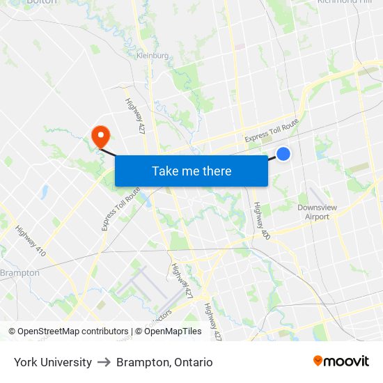 York University to Brampton, Ontario map