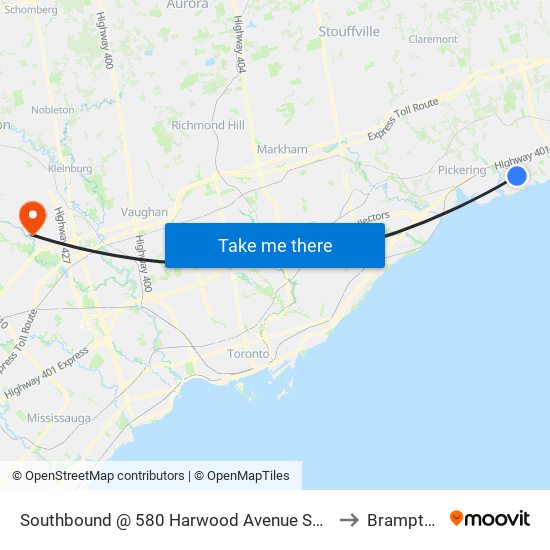 Southbound @ 580 Harwood Avenue South (Lakeridge Health Ajax Pickering) to Brampton, Ontario map