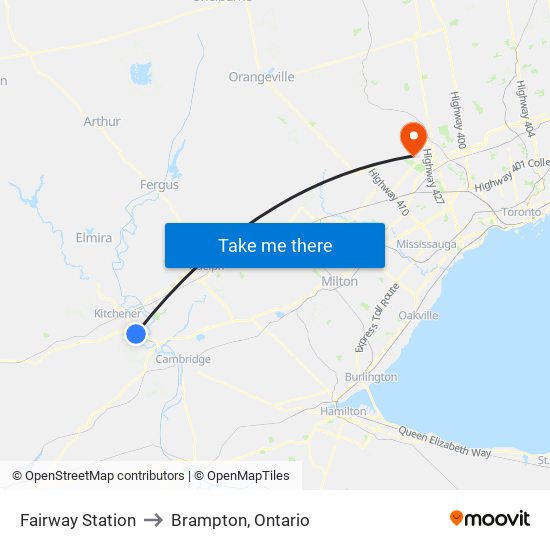 Fairway Station to Brampton, Ontario map