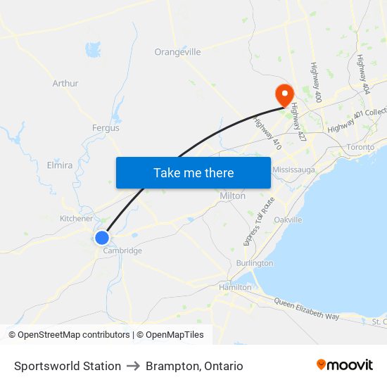 Sportsworld Station to Brampton, Ontario map