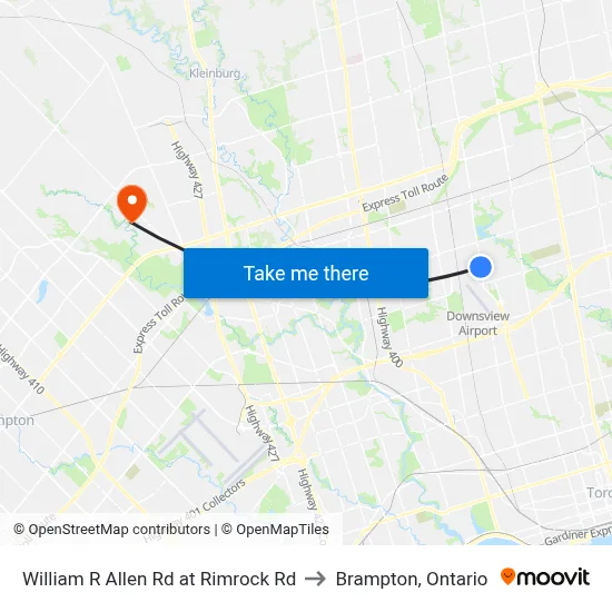 William R Allen Rd at Rimrock Rd to Brampton, Ontario map