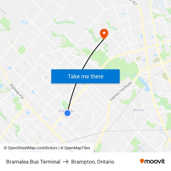 Bramalea Bus Terminal to Brampton, Ontario map