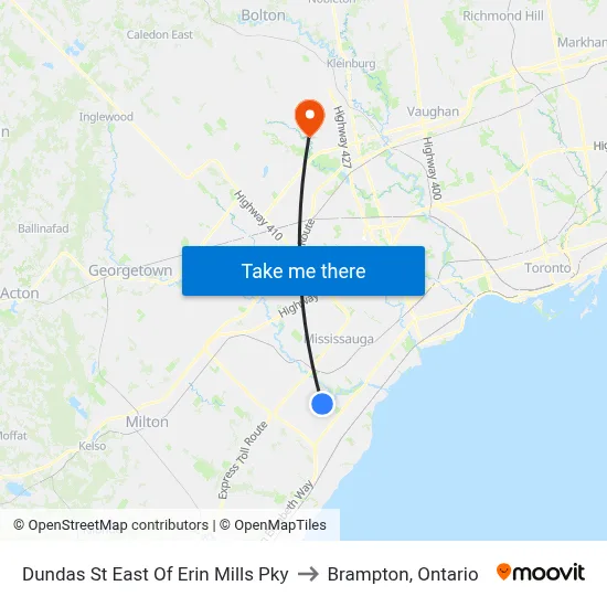 Dundas St East Of Erin Mills Pky to Brampton, Ontario map