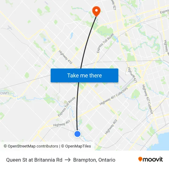 Queen St at Britannia Rd to Brampton, Ontario map