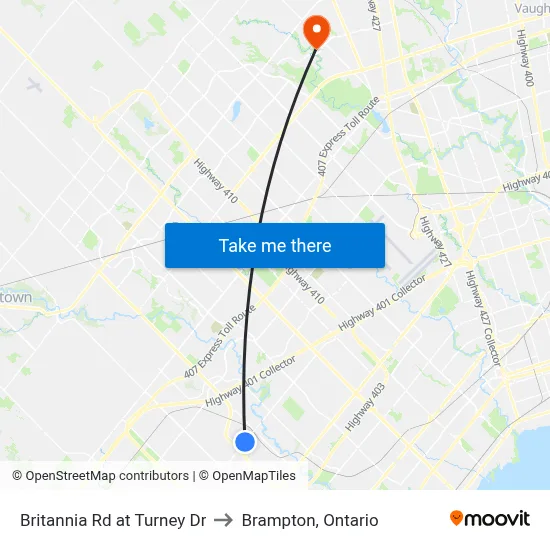 Britannia Rd at Turney Dr to Brampton, Ontario map