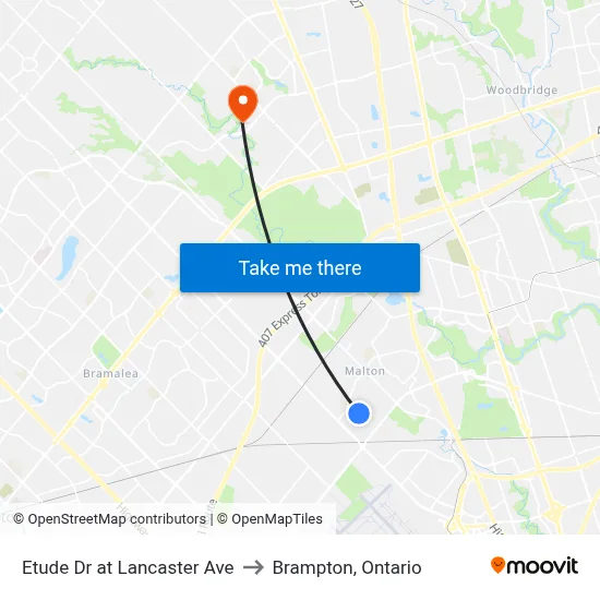 Etude Dr at Lancaster Ave to Brampton, Ontario map
