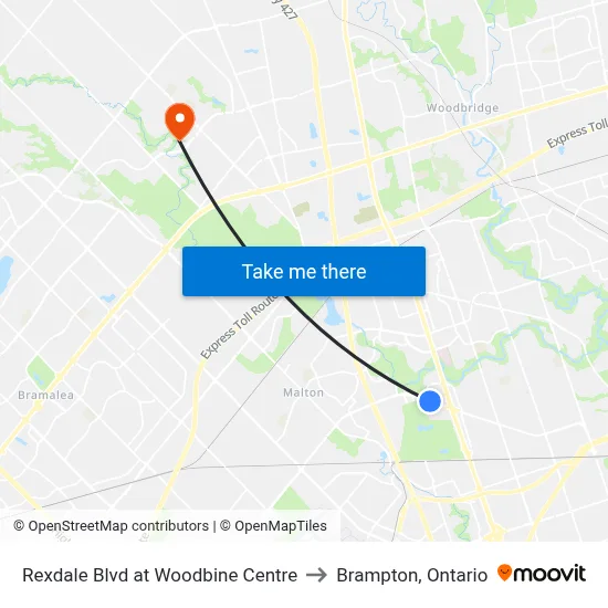 Rexdale Blvd at Woodbine Centre to Brampton, Ontario map