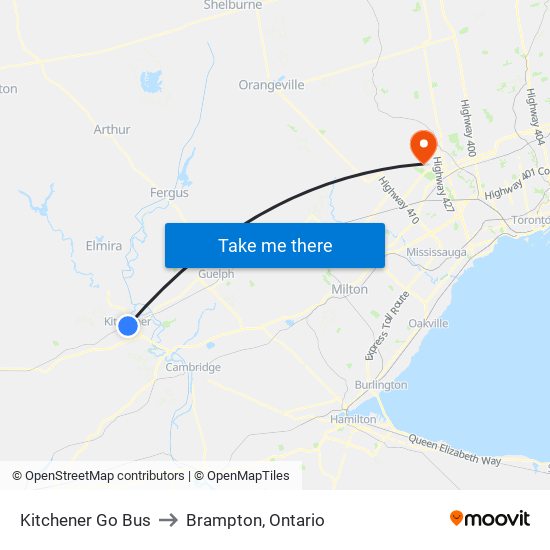 Kitchener Go Bus to Brampton, Ontario map