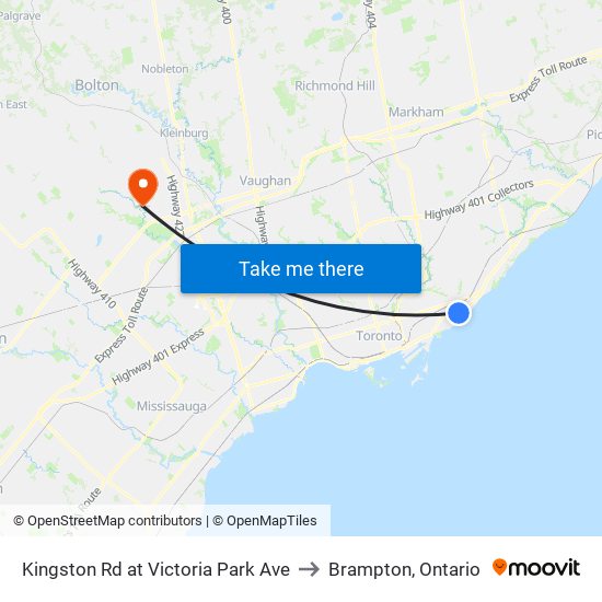 Kingston Rd at Victoria Park Ave to Brampton, Ontario map
