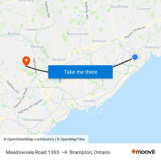 Meadowvale Road 1365 to Brampton, Ontario map