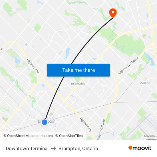 Downtown Terminal to Brampton, Ontario map