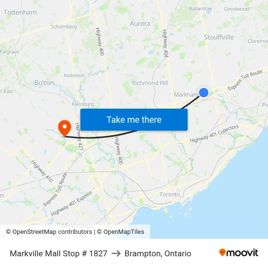 Markville Mall Stop # 1827 to Brampton, Ontario map