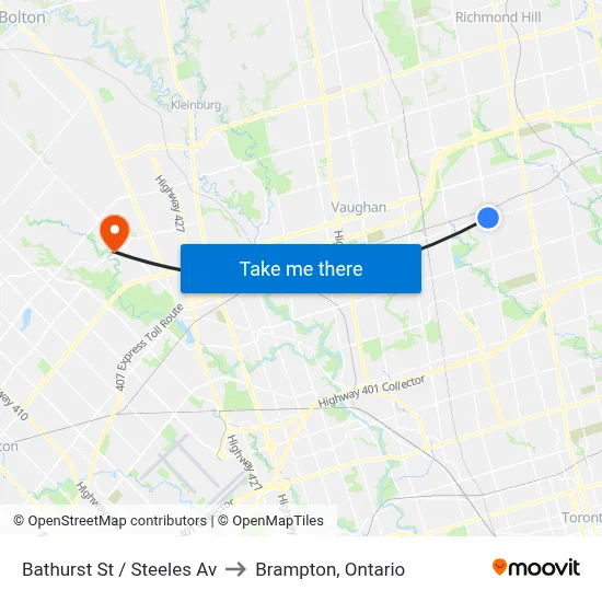 Bathurst St / Steeles Av to Brampton, Ontario map