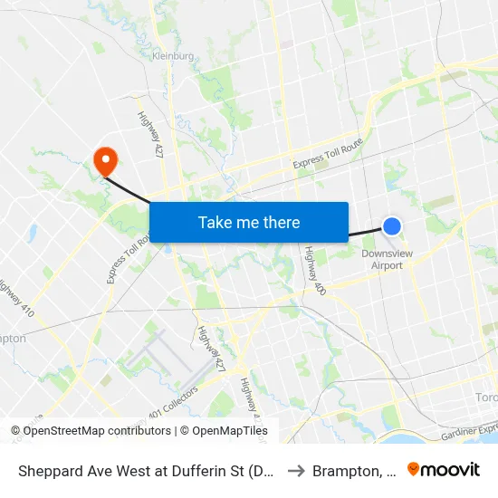 Sheppard Ave West at Dufferin St (Downsview Station) to Brampton, Ontario map