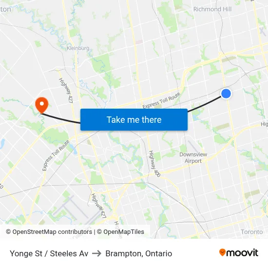 Yonge St / Steeles Av to Brampton, Ontario map