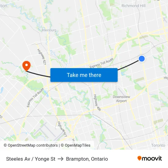 Steeles Av / Yonge St to Brampton, Ontario map